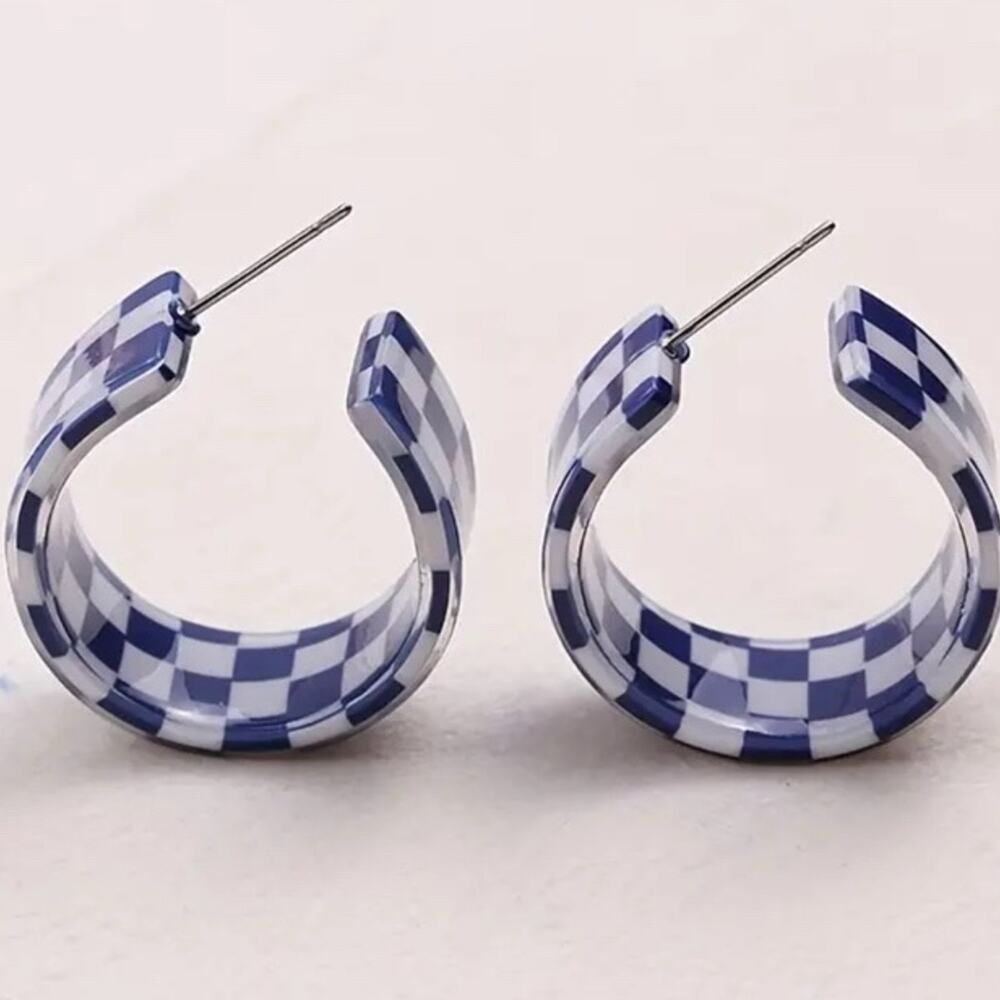 Acrylic Checkered Blue and White Earrings